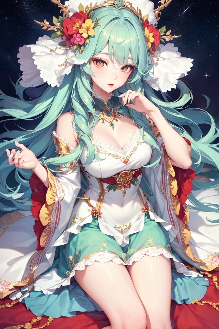 Image of Fluffy celadon hair, detailed hair, detailed face, starry eyes, long eyelashes, floral headdress, jewelry, perfect anatomy, red lips, thick lips, white skin, make-up, ambient light, glamor Target, lace knee-high socks