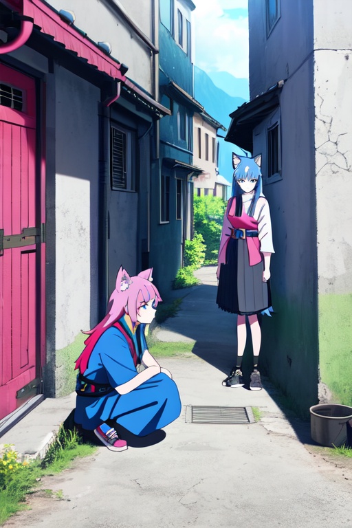 Image of 2girls, scenery, squatting, from below, multicolored hair, blue hair, pink hair, grey eyes, wolf ears, sash, shoes, alley