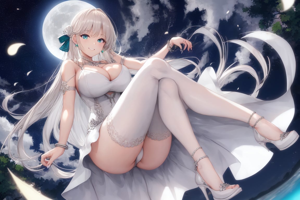Image of highres, 1girl, long hair, platinum blonde hair, aqua eyes, huge breasts, cleavage, thick, sundress, white dress, strappy heels, bracelet, outdoors, night sky, moon, looking at viewer, from below, grin, full body