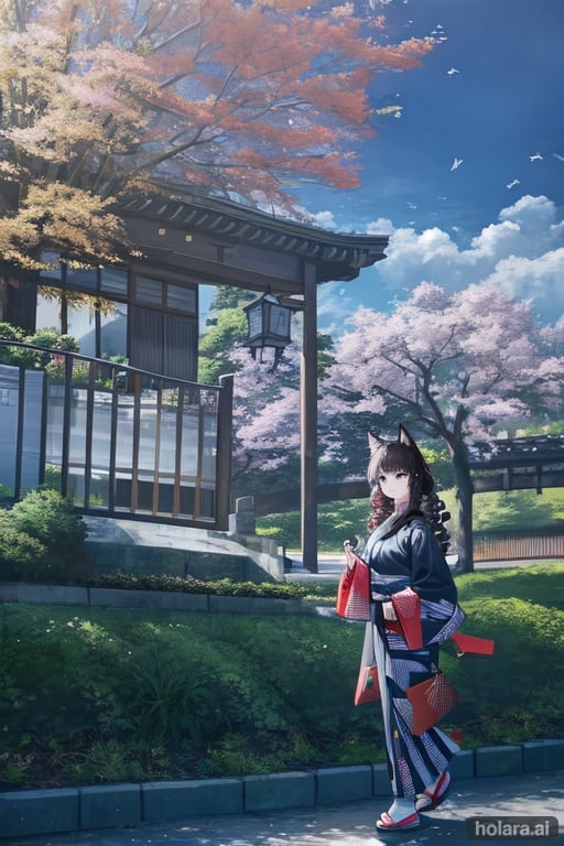 Image of 1girl, solo, scenery, walking++, from side, :d-, curly hair, braid-, dog ears, kimono, outdoors