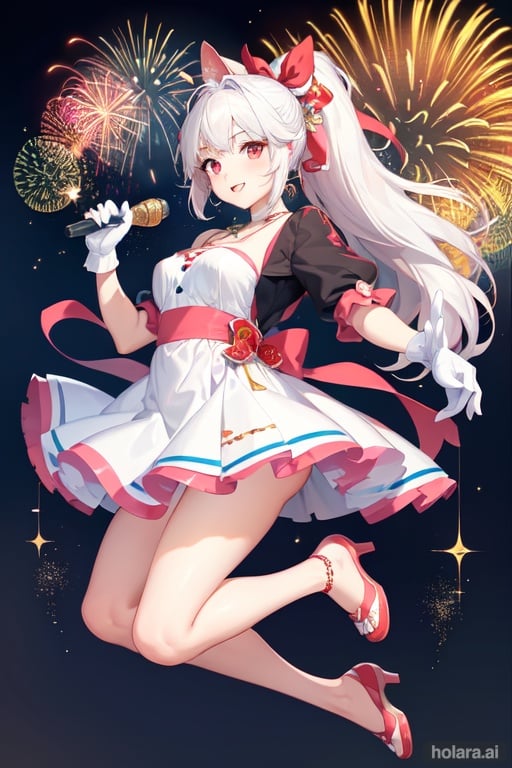 Image of masterpiece++, best quality++, ultra-detailed+, kawaii++, cute, lovely+, full body, jumping pose, Live performance venue, fireworks, 3girls, 3 cute girls, idol, young entertainer, beautiful white hair, beautiful red eyes, beautiful eyes++, ponytail, lip, gloves, ribon, necklace, smile, sparkling effect
