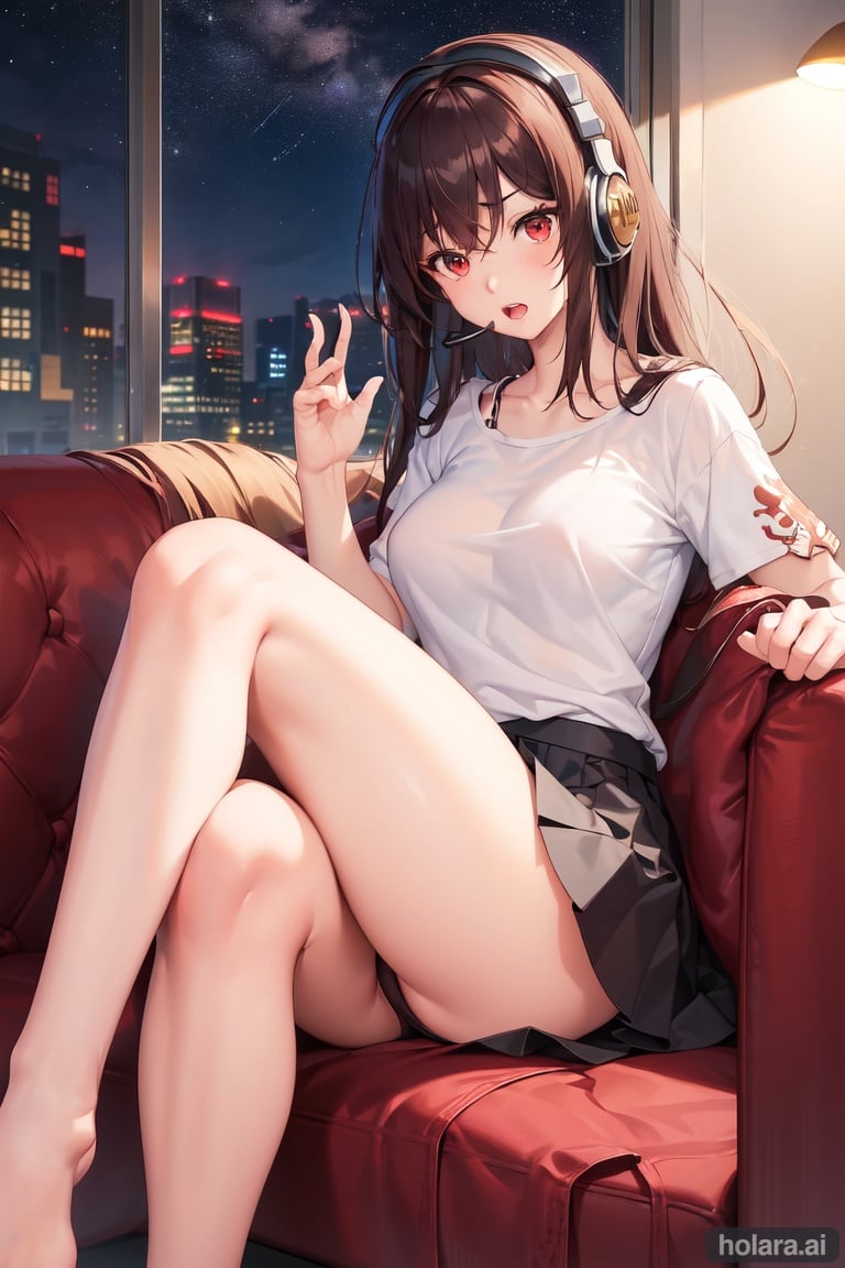 Image of girl,medium lenght hair,red eyes eyes,headset,open mouth,two legs,two hands,fourth finger,one thumb,high detailed of hands,high detailed of legs,anatomycally hands,perfect hands,anatomycally feet,perfect feet,up skirt,lace bra+,up legs+,on sofa,anime detailed,anime face,perfect body,cute face+,up white T-shirt+,cafe background,nightsky with milkyway,use computer