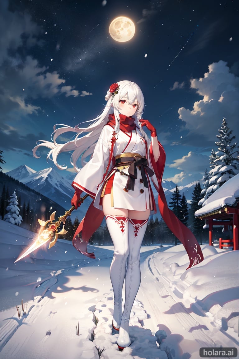 Image of  simple background, long hair, gloves, hair between eyes, very long hair, red eyes, full body, boots, long sleeves, hair ornament, standing, closed mouth, high quality, ribbon, hair flower, japanese clothes, thigh boots, snowing, snow, outdoors, tree, forest, scarf, nature, coat, sky, black footwear, intricate detail,  night sky, night, fantasy, moon, star (sky), full moon,, scenery, eyebrows visible through hair, female, multiple people(backround),  thighhighs, white hair, pants, holding weapon, cloud, mountain, 8k quality, multiple girls, multiple boys, temple, red scarf, white clothing, looking at viewer, magical girl, wielding magic, middle chest size, soft lighting