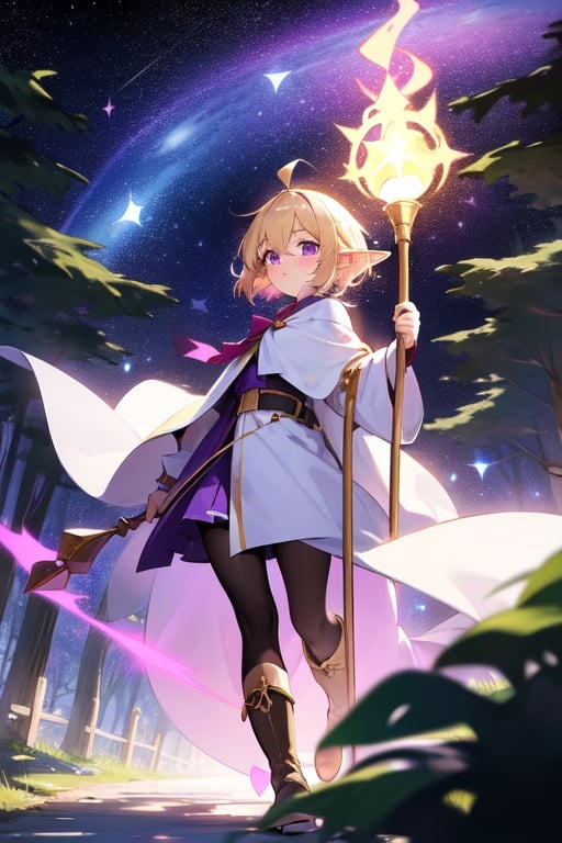 Image of 1girl, solo, short light blonde hair, purple eyes, ahoge, boots, white robes, elf+, holding a staff, walking on a path, woods, one long bang++, leggings black, following a trail of stars in front of her,