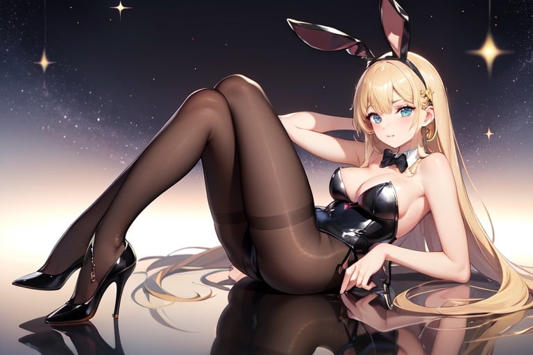 Image of solo, sparkle background, reflection, multi color playboy bunny, fashion model pose, pantyhose, blonde hair, masterpiece, high quality, a detailed depiction
