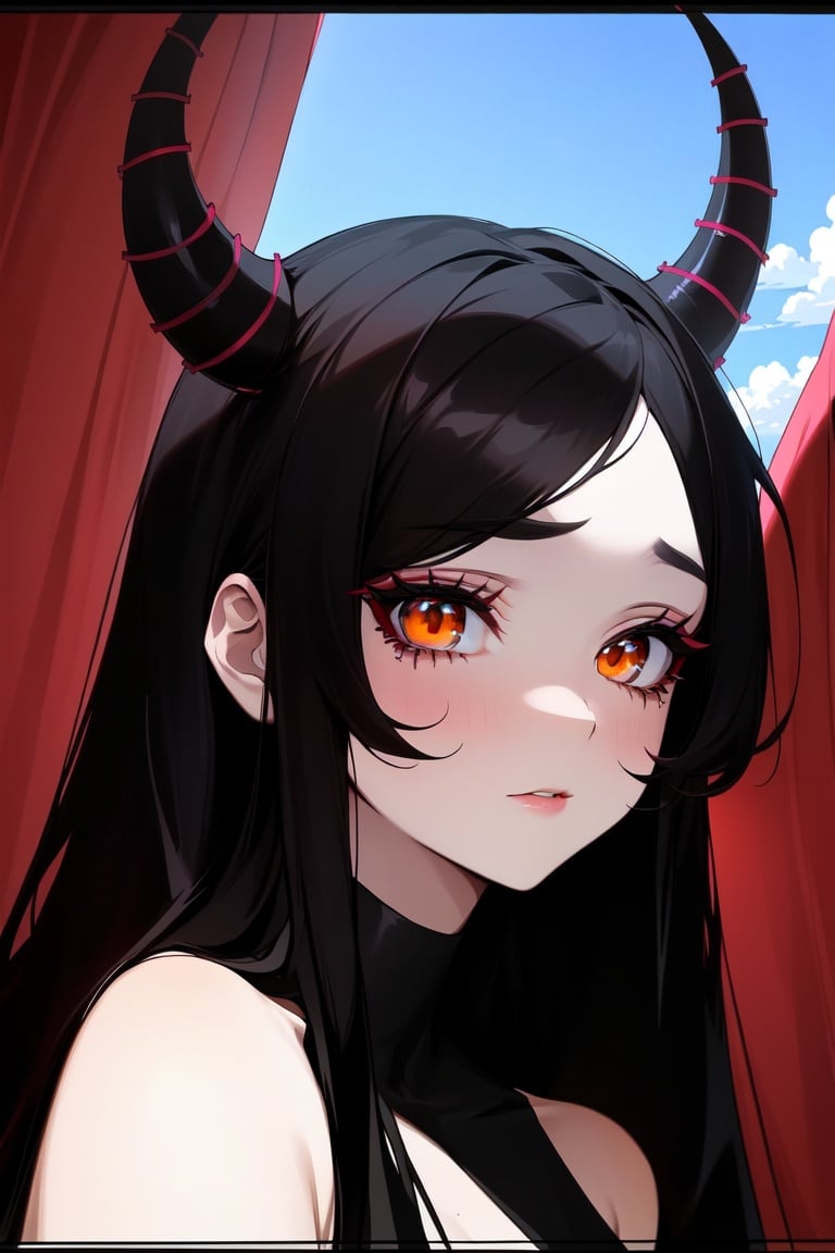 Image of 1woman, perfect face, perfect orange eyes, black long hair, little demon horns, normal clothes, sky, red cheeks, eyeliner, mascara, very little horns, vibrant eyes