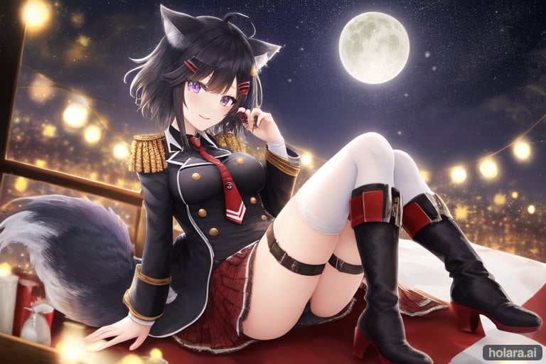 Image of 1girl, solo, black hair, purple eyes, :d, short hair, wolf ears, military uniform, boots, starry sky