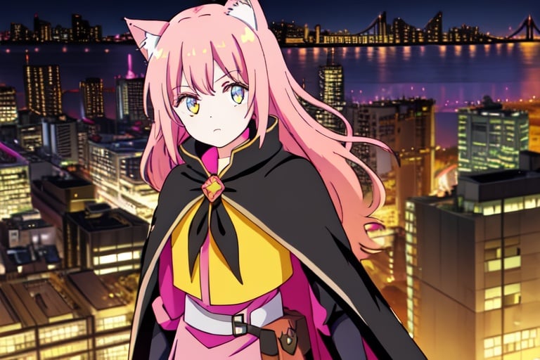 Image of 1girl, solo, dutch angle, pink hair, amber eyes, cat ears, cape++, neckerchief, cityscape