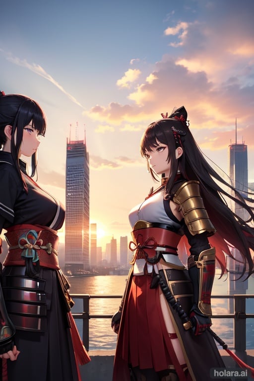 Image of a lot of of beautiful girls, wearing Different types of samurai armors, ultra-wide shot, cinematic, soft natural lighting, in front of the city, in front of the sunset, epic scene