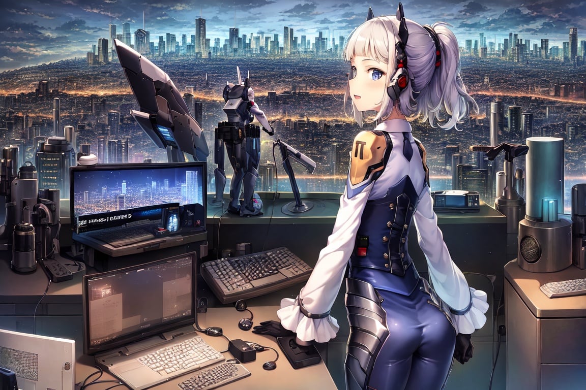 Image of (  from behind, mecha, , necktie)++++, (1 cute loli)++++, tsurime, jitome, (future computer cityscape)++++, (cropped bangs)----------, (braided bun), (drill hair), (lower bobbed hair)++++, braid, (Twinte), (silver hair)--, (look at viewer)++++, (narrow open mouth smile)++, ((((((((in heat, wide eyes, blush)))))))), (mecha school uniform)+, (blue mecha corset miniskirt)+++++, (((((((((erectile Bare s)++,  , small chest, (Bare )+, , )))))))), ((((see-through, skin-colored )))), (1 cyborg android mecha small chest loli)++++, (masterpiece, (excellent finely detailed, best quality), ultra-detailed), (mecha headphone)++++, (detached sleevs, very wide sleeves)++++++, (stylish angle)++++, (gleaming skin)+++++, glow eye, (eyes highlight)++++, (frills)+++, (choker)+++, ((((black gloves, slobber, material texture)))), (beautiful light effect)+++++++, (beautiful scene)++,