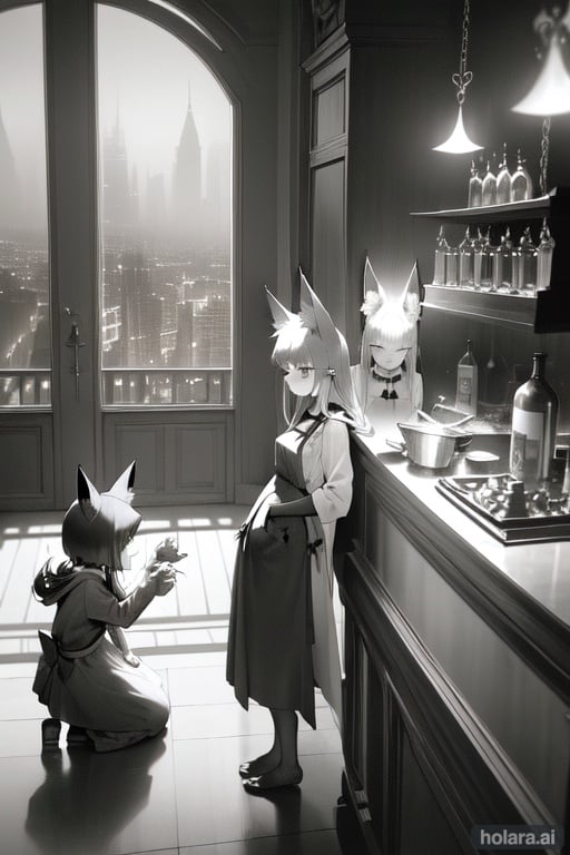 Image of 2girls, cinematic lighting, atmospheric, claw pose, from side, happy, hat, fox ears, apron, slippers, scarf, earrings, cityscape