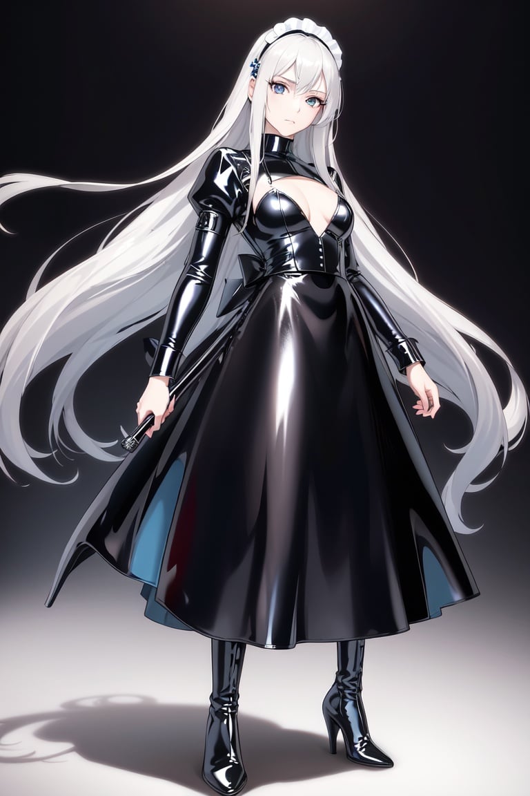 Image of 1woman,solo,female, mature++,30 years old, very long Straight hair, silver hair, beautiful detailed cold face, cold expression, no facial features, closed mouth, blue eyes, pale skin,black maid, maid Long skirt+++, pin heels, knee boots, black Clothes,very flat chest+, blue background,whole body, latex++++
