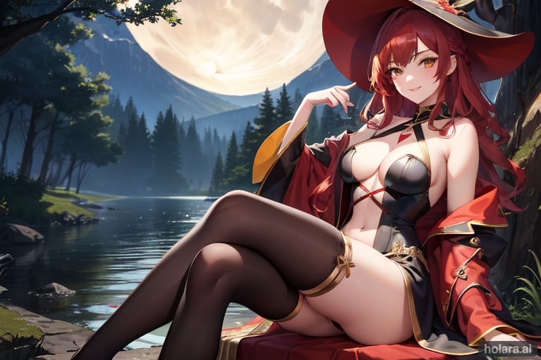 Image of (masterpiece, best quality, finely detailed), soft and subtle, 1girl, solo, wavy hair, red hair, (yellow eyes:1.3), (eyelashes, eyeliner), (witch), (large breast:1.2), cleavage, wide hip, flowing cape, (witch hat), pointy hat, serene, glistening lake with a full moon in the background, (moon:1.2), 1girl, solo, crossed legs, forest, smug, evil smile, grin, robe, cloak, navel cutout, bare shoulders, (crop top), ((coat)), halterneck, thighhighs pull, dress, , waist-long dress