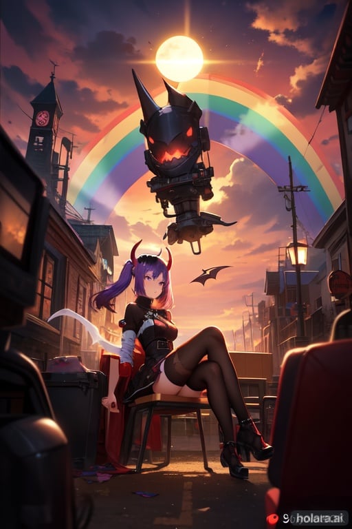 Image of 1girl, demon horns, purple hair, stockings, rainbow, dystopic scenery, sun,  ghost town, red clouds, purple sky, crossing legs