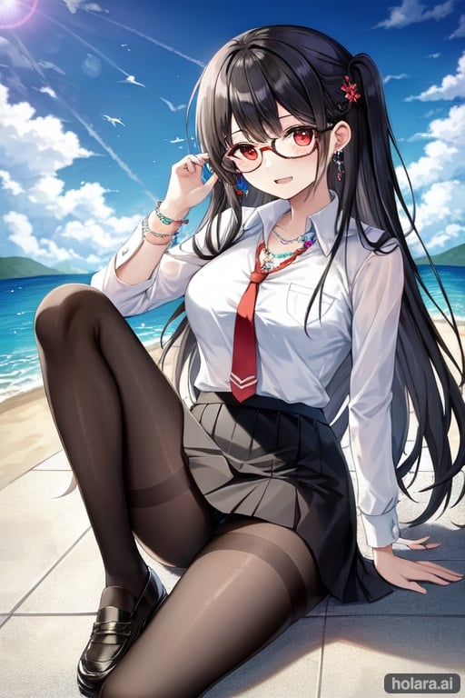 Image of 1 girl (white skin), open mouth, red eyes, sitting, long hairstyle, long hair, perfect black hair, bangs, gles, rectangle gles, hair ornament, earrings, red tie, white shirt, jewelry++, leather skirt, black skirt, pantyhoses, ground shade, legs semi-jointed up to the knee, feet separated from one another, landscape, city background, clear blue sky, few clouds in the sky, by day, masterpiece+++,