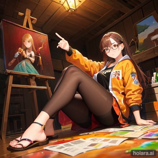 Image of 1girl, solo, traditional media, (oil painting)+++, sitting, reclining, from below, brown hair, yellow eyes, jacket, sandals, glasses, armband, piercing, (starry sky)--