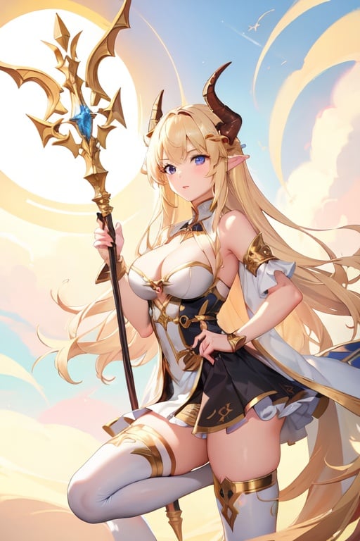 Image of Masterpiece, holy light, dragon girl, horns, long hair,  dragon horns, dragon tail, pointy ears, blue eyes, large breasts, skirt, blonde hair, staff, tall boots