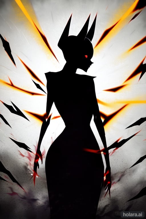 Image of devil woman form, looking back, (black silhouette)+++++, (glowing red eye)++, (black background)+++, (thunder in background)++, (yellow aura)++++, minimalistic