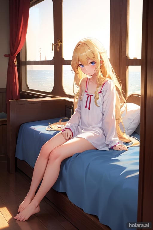 Image of  a blond woman wearing a nightdress with long hair on a small bed next to a ship’s window 