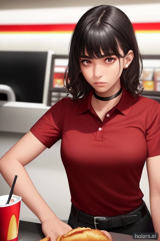 Image of 1girl, solo, fast food worker, mcdonalds restaurant background, short wavy hair, black hair, deep tan skin, brown eyes, annoyed expression, looking at viewer, red shirt+++, red polo shirt with mcdonalds logo, black pants, belt, choker, ear piercing, behind the counter++, cash register,  super detail+, masterpiece+, best quality++, ultra highres++, sharp focus++, medium shot, 18yo++, bangs++, face focus+, looking into the camera