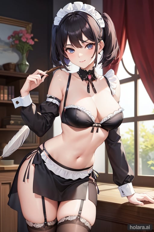 seductive maid wearing a revealing outfit and holding a feather duster