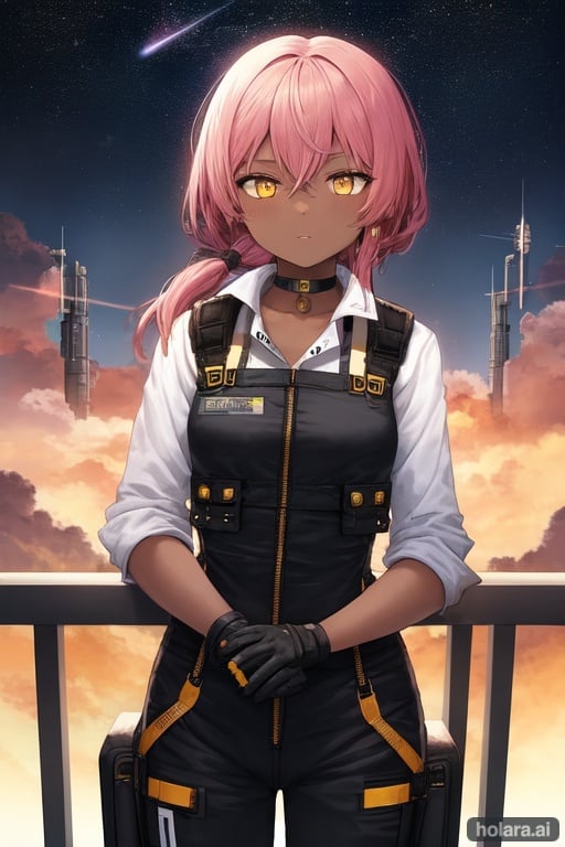 Image of 1girl, jumpsuit, sleeves rolled up, gloves, dark skin, pink hair, yellow eyes, masterpiece, window, science fiction, harness, sunset, space craft