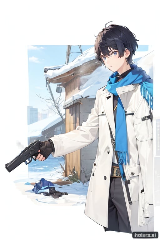 Image of 1boy, solo, focus, blue scarf, black jacket, short hair, pistol