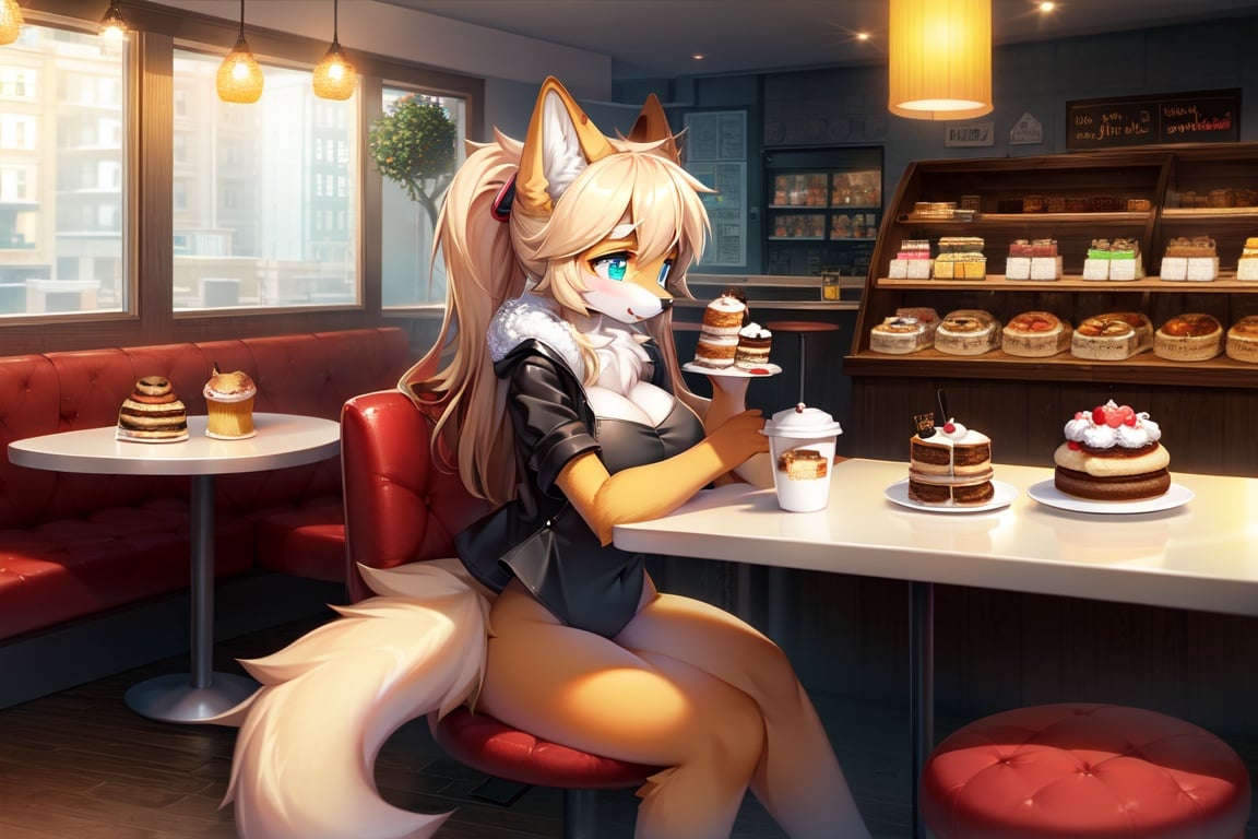 Image of 1 girl, cafe, coffee, bread, cake, cupcakes