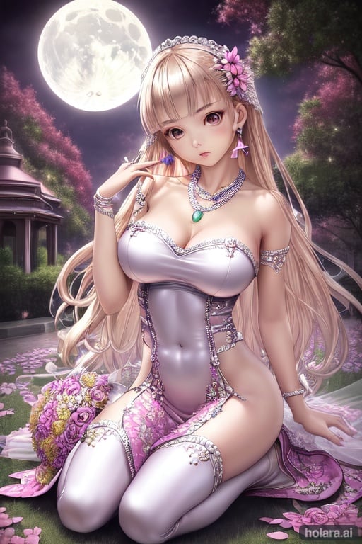 Image of masterpiece++, best quality++, ultra-detailed+, kawaii++, cute, lovely+, sexy++, ero+, extremely detailed++, 4K, 8K+, best quality, beautiful+, extremely detailed game CG, realistic, real, full body, raise a hand, sacred place, moon, a cute girl, 1girl, solo, bride, June bride, beautiful brown eyes, beautiful eyes++, transparent hair, translucent hair, large breast, earrings, necklace, flower bouquet, troubled expression, blush, shiny-glistening, gleaming, latex