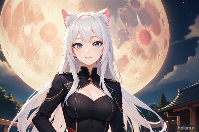 Image of ((masterpiece)), ((best quality)), (ultra-detailed), ((kawaii)), cute, (lovely), ((y)), (ero), ((extremely detailed)), 4K, (8K), best quality, (beautiful), anime style, night, moon, a pretty woman, solo, military costume,, beautiful white hair, beautiful blue eyes, ((beautiful eyes)), cat ears, smile