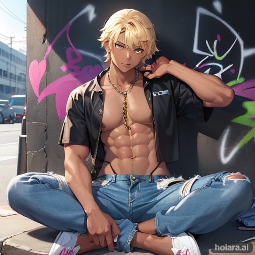Image of young muscular male with dark skin and blonde hair sitting in front of a graffiti wall wearing an open shirt and baggy jeans