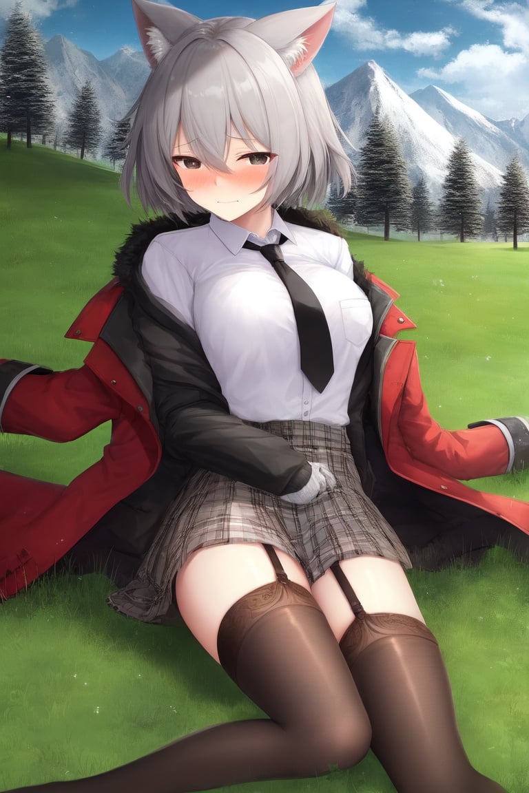 1 girl, embarrassed, sitting, short hairstyle, short bob hair, white hair, mouth closed, cat ears, white tie shirt, black tie, open jacket, button down jacket, short school skirt under the school skirt are stockings with suspenders, ground shade, legs semi-jointed up to the knee, feet separated from one another, landscape, hill with pine trees, mountains in the background, clear blue sky, few clouds in the sky, by day.