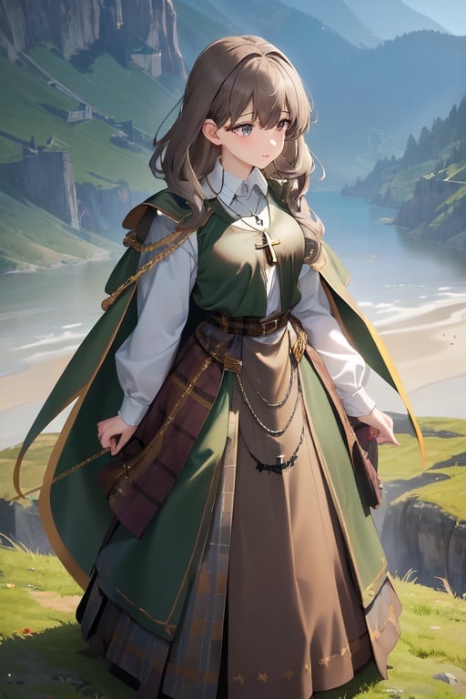 Image of 1girl, plaid skirt, sash, cloak++, dark green theme, medieval++, tabard+++, plaid theme+++, brown theme, gray theme, muted color+++, long skirt, breastplate, green hills, landscape, cross necklace+++, dynamic hair, dynamic angle, plaid fabric+, full body
