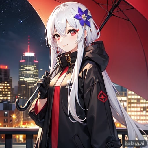 Image of 1girl, long hair, hair ornament, high quality, hair between eyes, hair flower,  soft lighting, long sleeves, very long hair, cityscape, hood up, coat on shoulders, black clothes,  gloves, starry sky, red eyes, standing, stars in eyes, smile, closed mouth, umbrella, raining heavily, city lights, blur, multicolored hair, hair ornament, gloves, two-tone hair, streaked hair, high quality, gradient hair, best quality best lighting, looking at viewer, on building, high quality, white hair