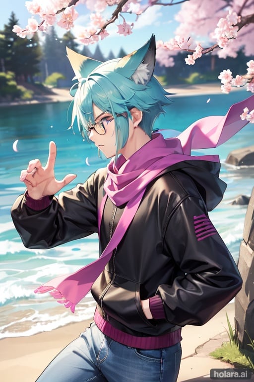 Image of 1boy, solo, fighting stance, from side, cherry blossoms, forest, angry, hoodie, armor, jeans, aqua hair, spiked hair, aqua hair, aqua hair, fox ears, purple eyes, scarf, gles