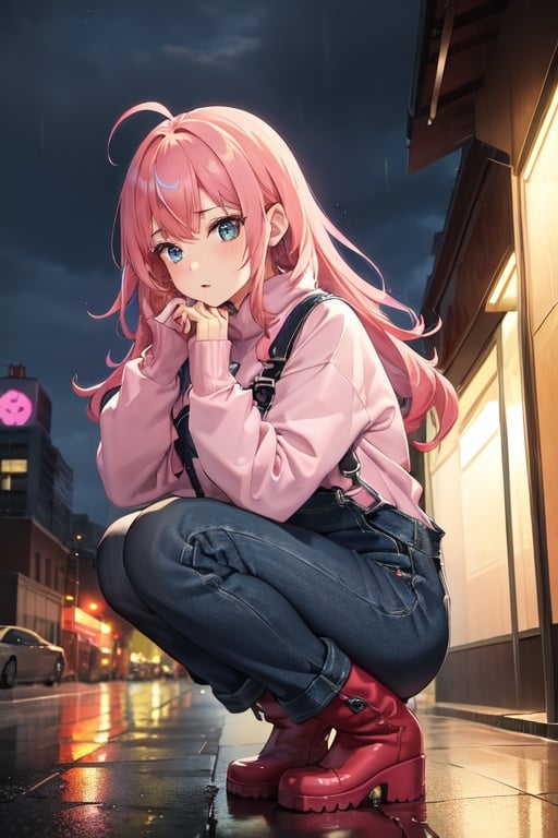 Image of 1girl, red boots, rain, night city, pink overalls, wet clothes, knit sweater,  two tone hair, rainbow gradient hair