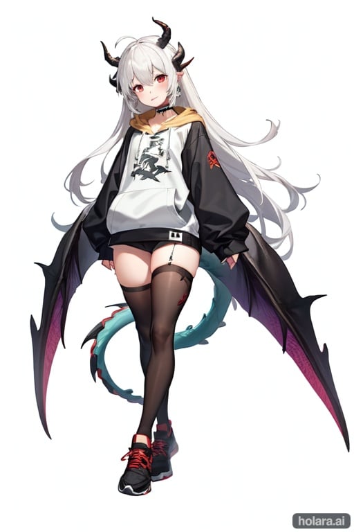 Image of 1girl, solo, standing, cityscape, smile, hoodie+++, sports t-shirt, Halter, joggers, thighhighs, shoes, white hair, very long hair, red eyes, choker, white crow wing+++, dragon horns, slim,