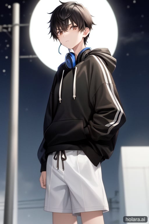 Image of teenage male focus, black hair, short hair, hoodie, white shorts, brown eyes, standing, outdoors, night, high quality, tall height, looking down, headphones around neck