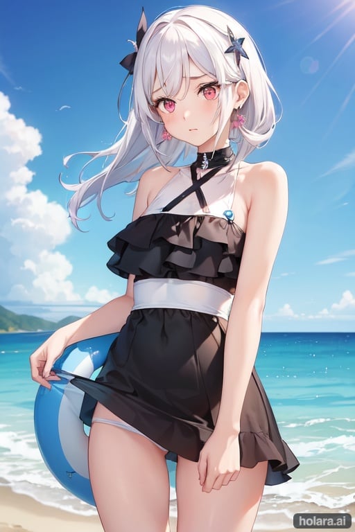 Image of 1 girl, alone, sky, white eyelashes, white hair, pink eyes, surprised, swimsuit, hair ornament, earrings, at the beach