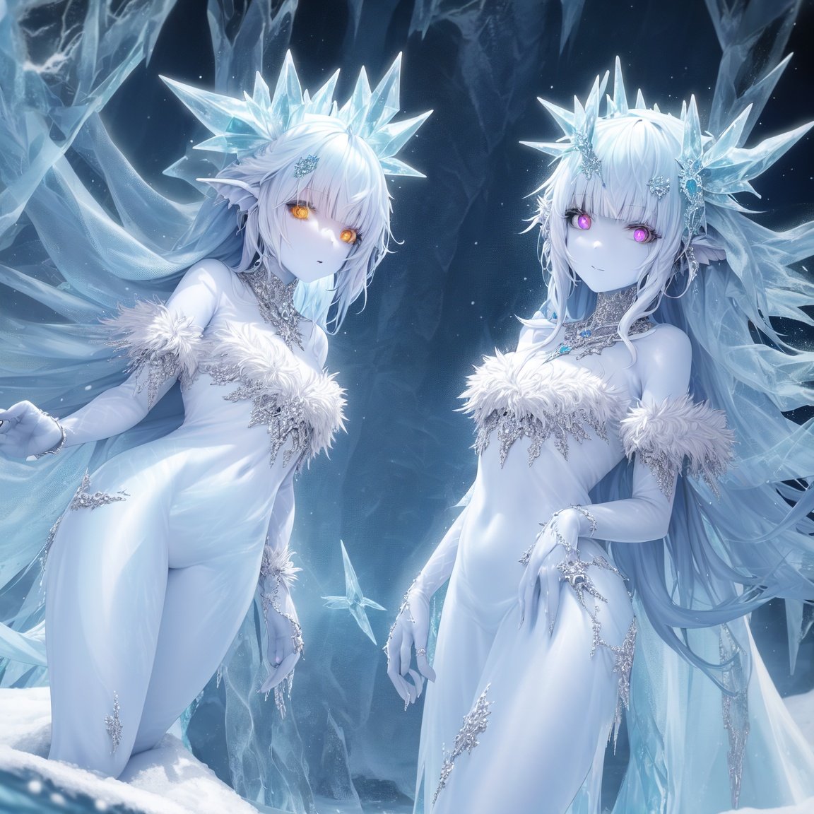 Image of (monster girl make of ice sharps)++, (skin made of ice)+, (ice sharps)+, (translucent skin)++, (reflecting lights)+++, snowy forest, snowflakes
