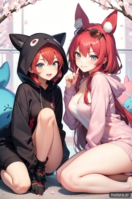 Image of 2girls, cute, (red hair)+, amber eyes, evil smile, (fox ears)-, kigurumi,  onesie, pantyhose, cherry blossoms