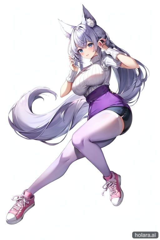 Image of 1female,large breasts, thick thighs,violet eyes,white hair,Pokemon human hybrid,full body,Mewtwo,Mega Evolution, Mewtwo Y,purple shoes,legendary Pokemon, ginjinka,purple tail,sweater with white and purple patterns,best quality+++, masterpiece+++,no imperfections