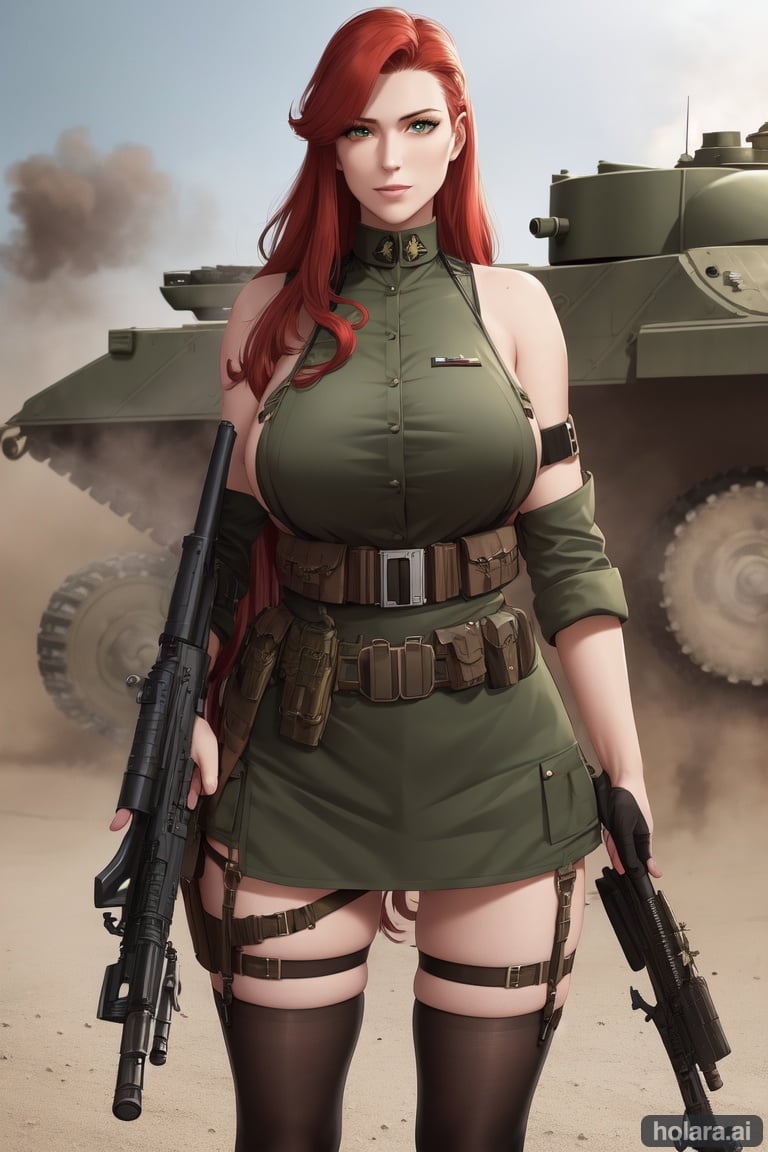 Image of scenery, dieselpunk, tank, female, big breasts, lingerie, military uniform, long red hair, green eyes, , milf, holding rifle