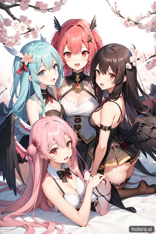 Image of 4girls, open mouth, long hair, hair ornament, cherry blossoms, seraph, multiple wings, red eyes, feathered wings, chain