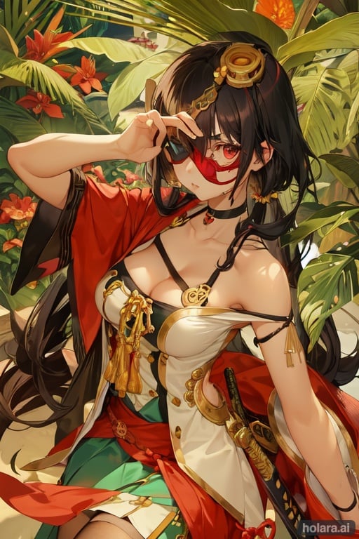 Image of 1girl,  samuirai, mcript, pastel colors, steampunk pistol, eye patch, long hair, black hair, red dress, katana