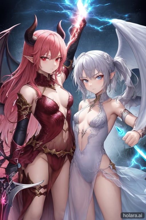 Image of masterpiece, fantasy, , 2girls, small breasts, battle, fightning, fighting stance , fire, lightning, demon, angel,  wings, see-through dress,  weapon