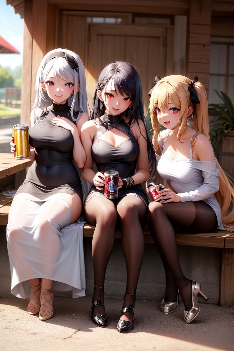 Image of 3girls, sitting, Beer, Beer cans, drunk (detailed skin, detailed hair, detailed clothes, detailed face),Smile