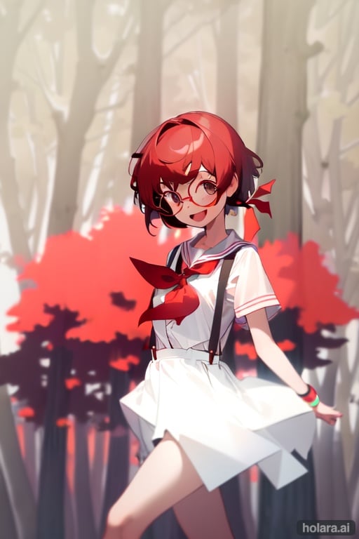 Image of 1girl, solo, walking, :d, hair ribbon, short hair, sailor, wristband, suspenders, gles+, forest+++