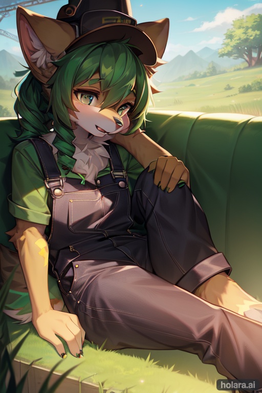 Image of 1girl, solo, sitting, reclining, green hair, grey eyes, drill hair, hat, overalls+, high heels, watch, suspenders, (neck ribbon)--, nature