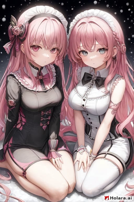 Image of 2girls, intricate detail, sitting, seiza, pink hair, blue eyes, one eye closed, curly hair, hair ribbon, suit, shorts, watch, hair ornament, buttons, snowing